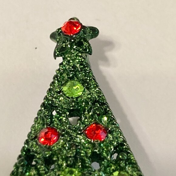 Vintage Crystal Christmas Tree Pin Brooch Star Red Green Enamel Crystals - Picture 7 of 11